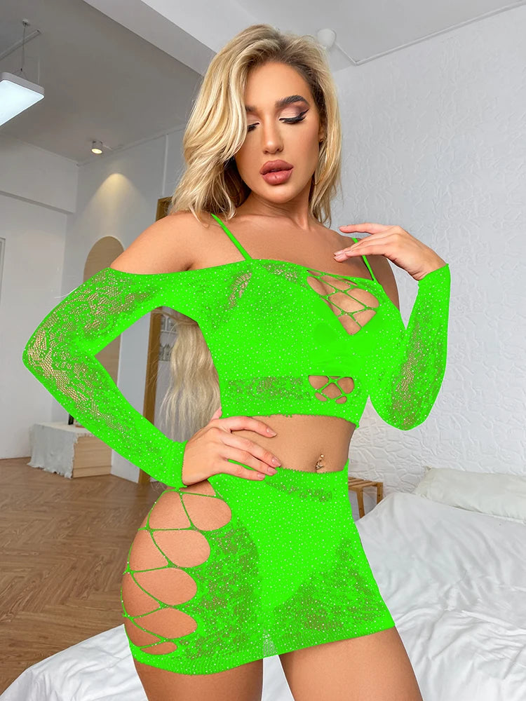 2025 Shine Gemstone Sparkle Lingerie 2 Piece Set Women Underwear Body Stockings Lenceria Sexy Femme Hollow Out Fishnets