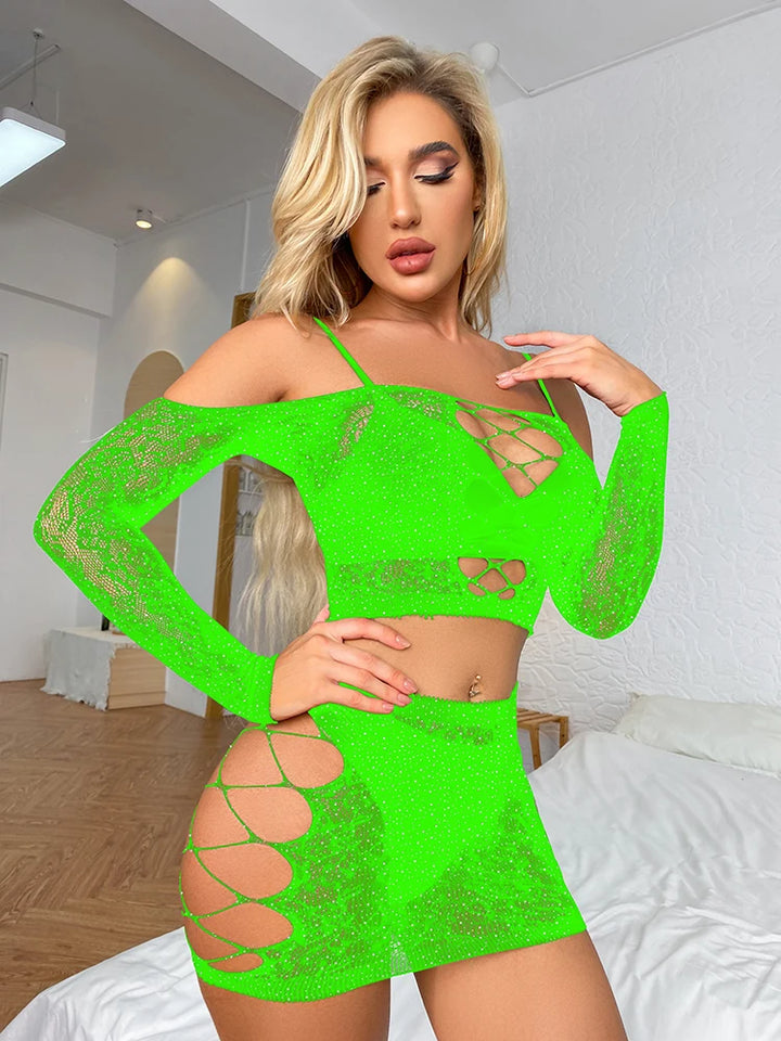 2025 Shine Gemstone Sparkle Lingerie 2 Piece Set Women Underwear Body Stockings Lenceria Sexy Femme Hollow Out Fishnets