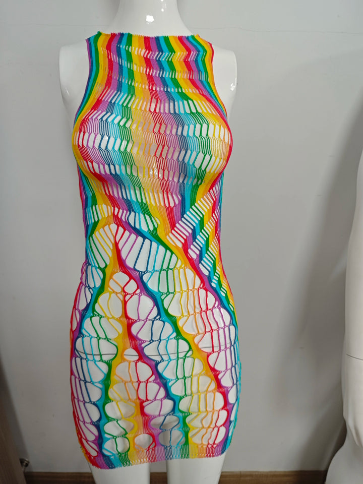 Plus Size  Women's Rainbow Fishnet Bikini Swimsuit Party Clubwear Swimwear Rainbow Long Sleeve Teddy Lingeries Bodysuits  W8231