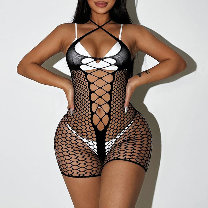 Hollow Out Sexy Baby Doll Mature Lady Sexy Erotic Lingerie Dress Bling Rhinestone Stockings Mesh Sheer Bodystocking
