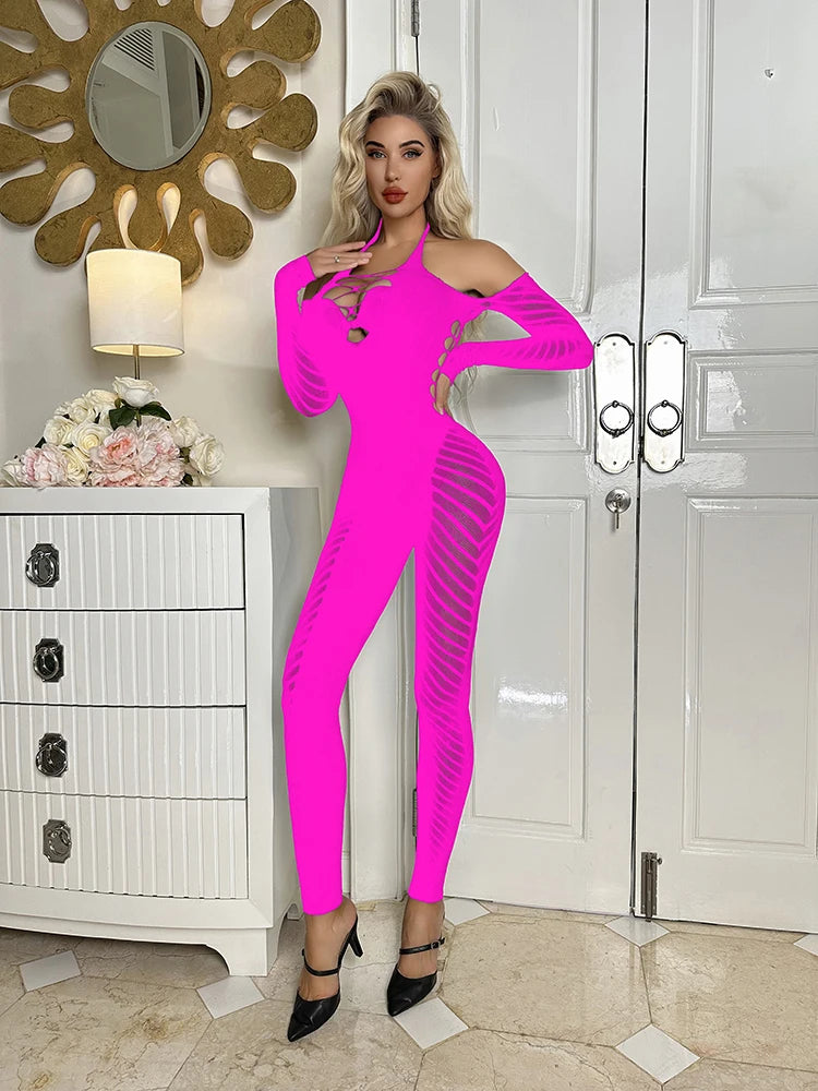 2025 Transparency Women Sexy Jumpsuit Body Ripped Stocking Lingerie Long Sleeve Rompers Stretchy One Piece Jumpsuit