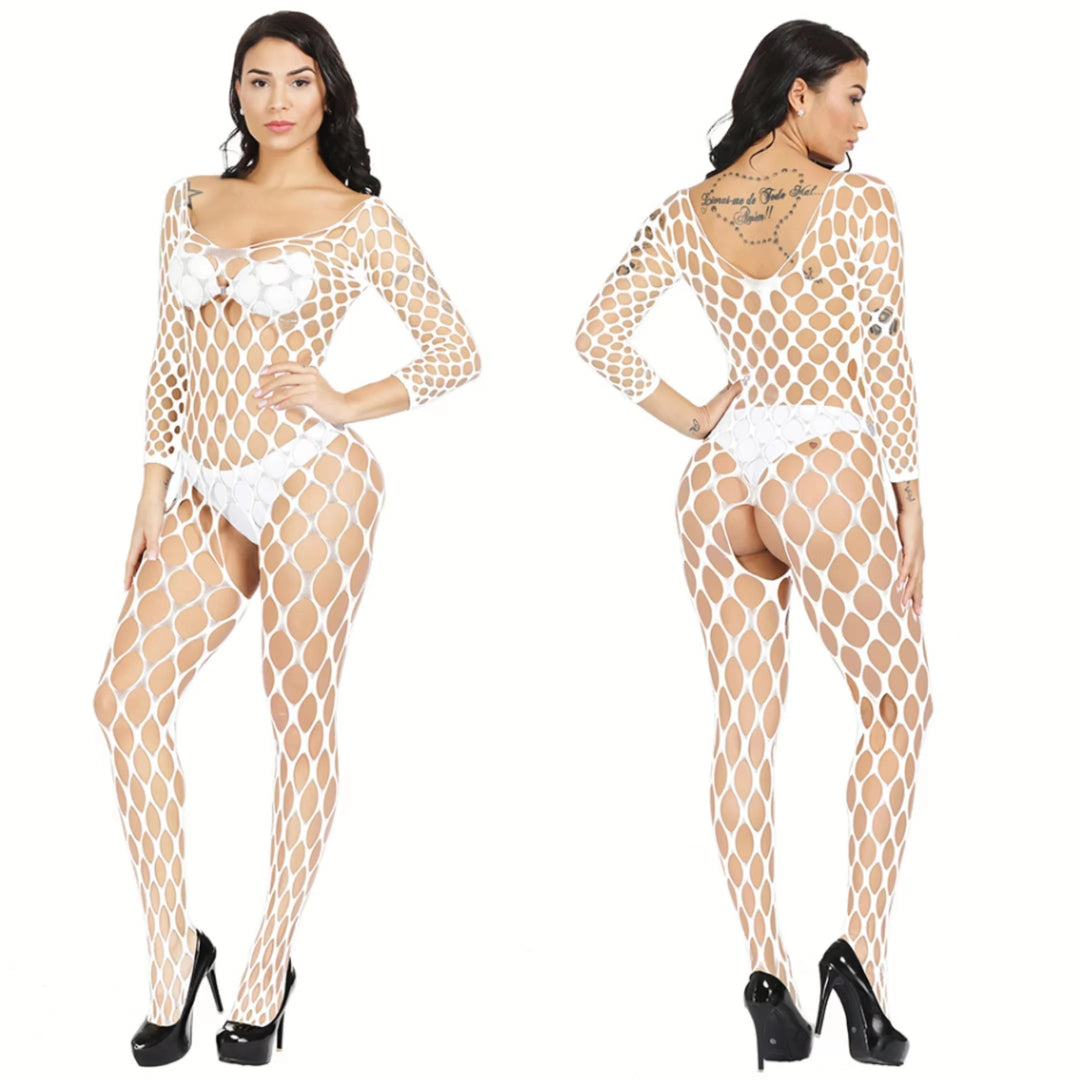 Popular Women's Sexy Long Sleeve Mesh Sheer Bodysuit Fishnets Nylon Stockings Full Body Women's Erotic Black Bodysuit