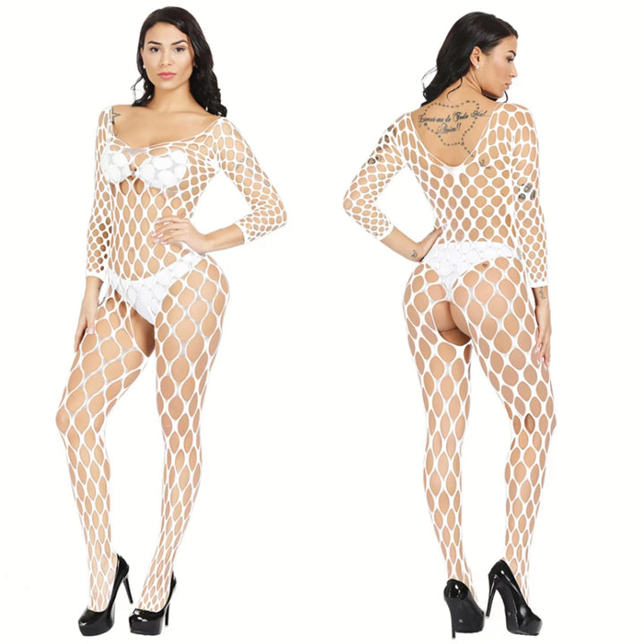 Popular Women's Sexy Long Sleeve Mesh Sheer Bodysuit Fishnets Nylon Stockings Full Body Women's Erotic Black Bodysuit