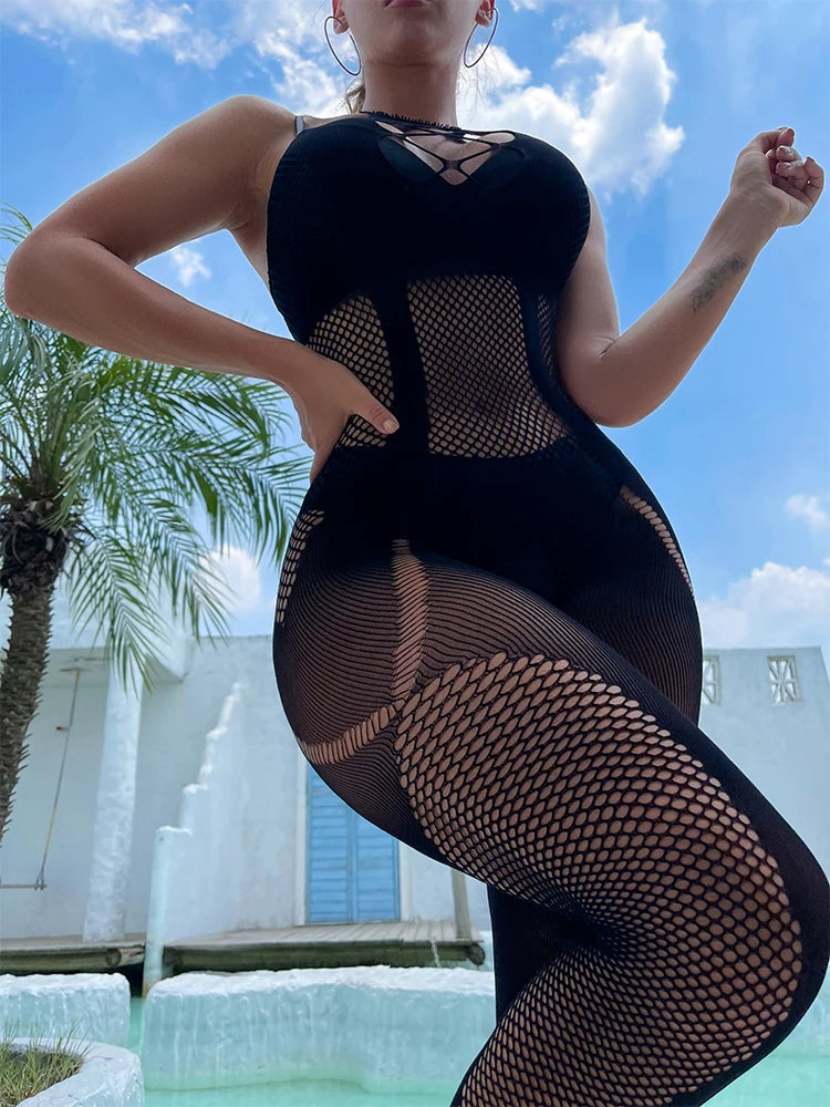 Nylon Fishnet Bodysuit Lingerie Femme Sexy Full Body Stockings Erotic Mesh Sheer Leggings Seamless Underwear Adult