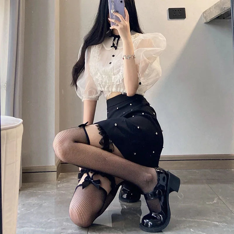 Sexy High Waisted Tights Lace Bow Condole Lace Suspender Thigh High Knee Fishnet Stockings Costume Party Tights