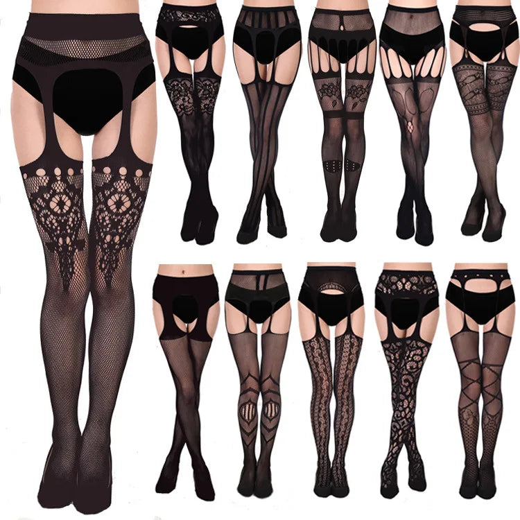 2023 Suspender Pantyhose Attached Stockings Fishnet Lace Thigh High Garter Belt Stockings Women's Exotic Hosiery