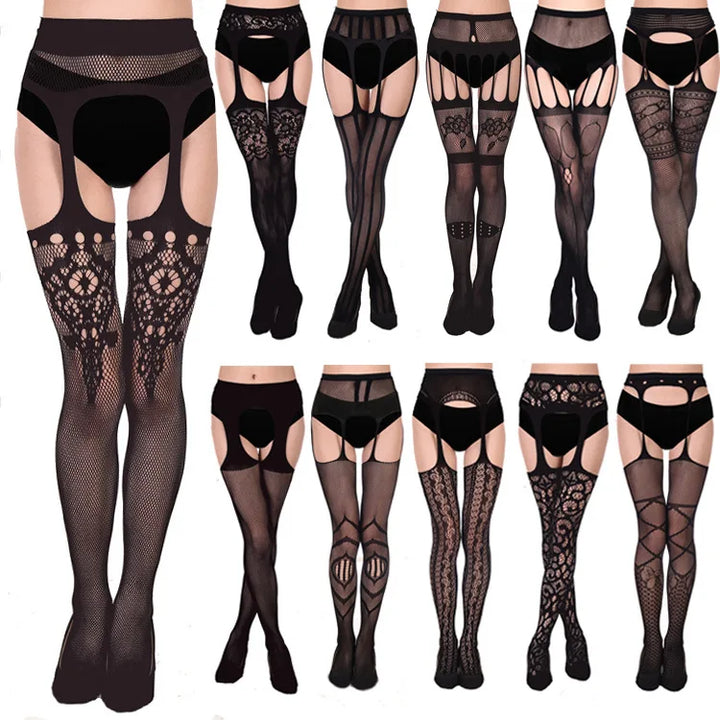 2023 Suspender Pantyhose Attached Stockings Fishnet Lace Thigh High Garter Belt Stockings Women's Exotic Hosiery