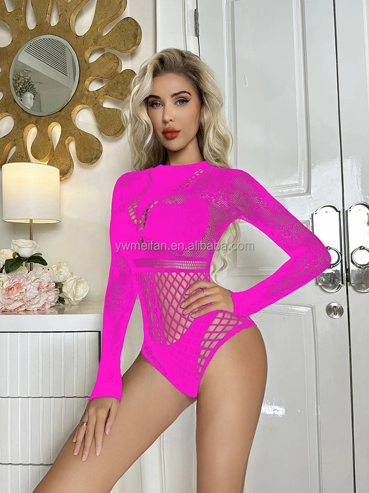 Long Sleeve Bikini Tops Womens Sexy Lingerie Hollow Out See Through Fishnets Bodystocking Dress Nylon Bodysuit Femmes