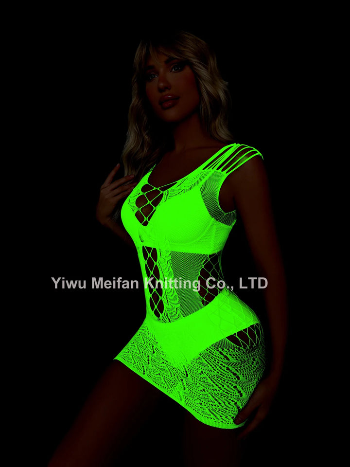 Sexy Nightwear Dress Glow in the Dark Fishnet Stockings Hollow Luminous Glowing High Waist White Fishnet Glowing Party