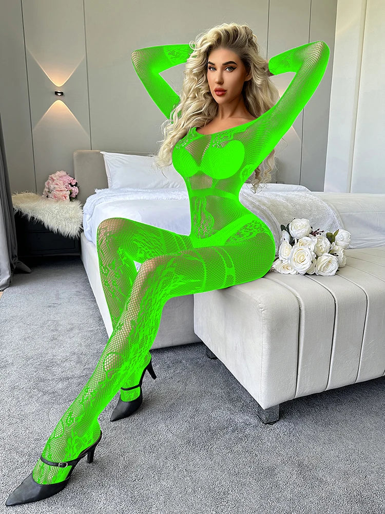Women's Fishnet Full BodyStocking Sexy Long Sleeve Bodysuits Backless Design Lingerie One Piece Jumpsuit Underwear Nightwear