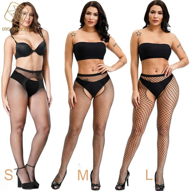 UYW Design Double-sided Open- Crotch Fishnets Body Stockings Womens High Waist Tights Sexy Sheer Mesh Pantyhose