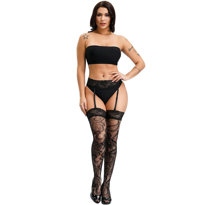 Sexy Garter Belt Attached Mesh Pantyhose Tights Women Erotic Lingerie Bodysuit Open Crotch Sleepwear Stockings