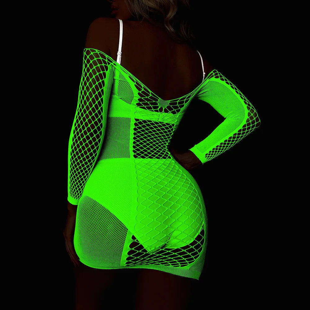 Luminous Fishnet Stockings Full Body Stocking Lingerie Dress Glow in the Dark Bodysuit Jumpsuit Night Party Dancewear