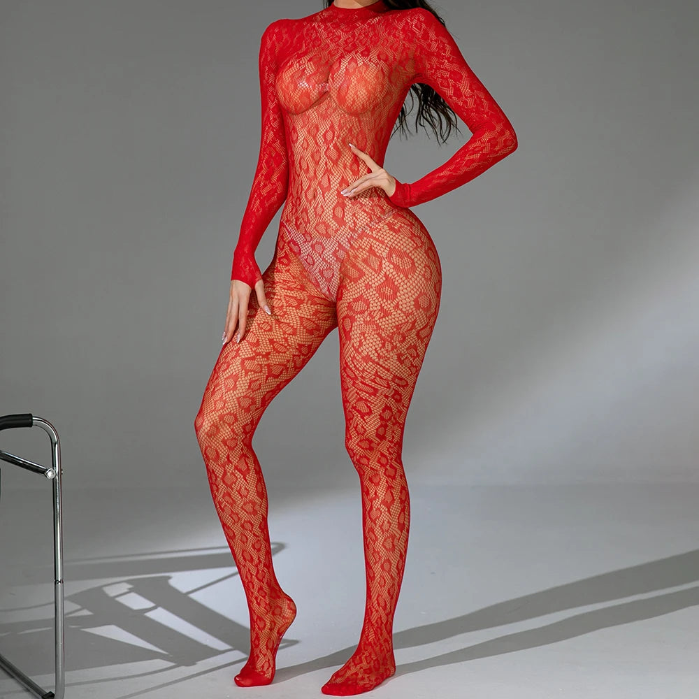 Women's Sexy Leopard Print Mesh Bodystocking Thin Transparent One Piece Fishnet Stocking New Bodysuit Nightwear Lingerie G135