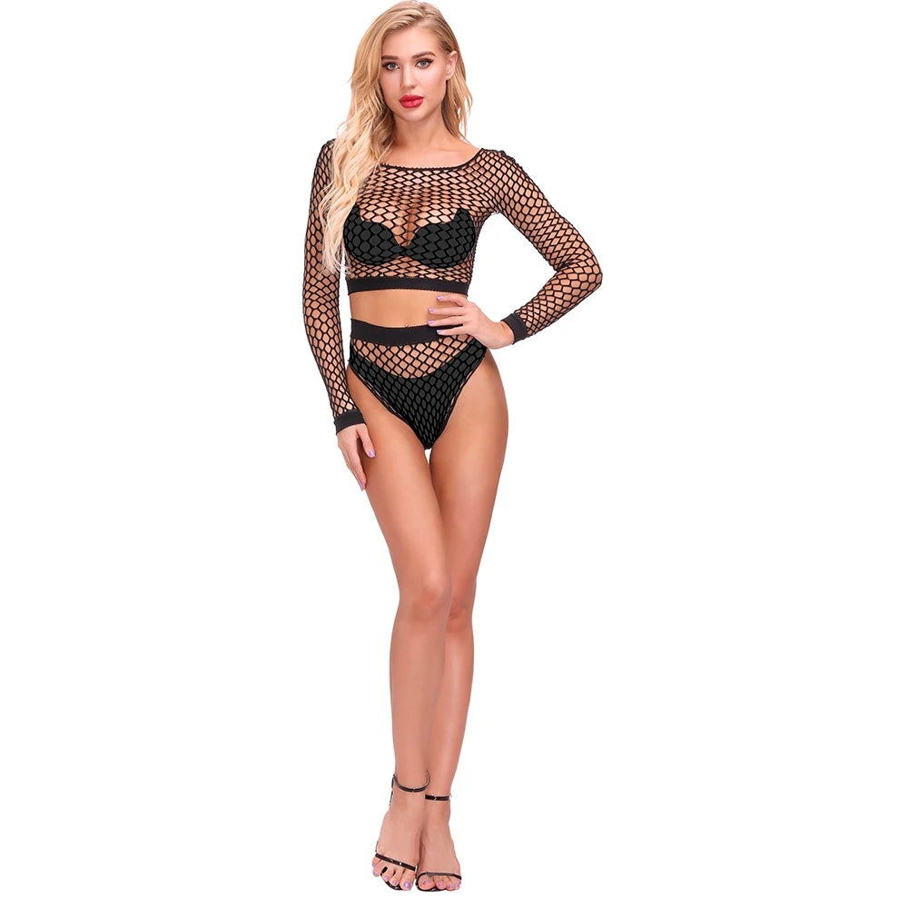 Wholesale Nylon Fishnet Body Dolls Adult Sexy Lingerie for Women Exotic Underwear Hollow Out Body Stocking 2pcs Set