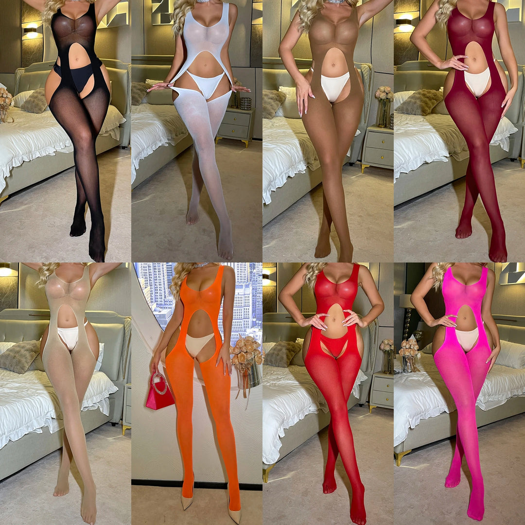 Breathable Nylon Fishnet Body Stocking Lingerie Femme Sexy Crotchless Bodysuit Underwear Open Crotch Hosiery Stockings