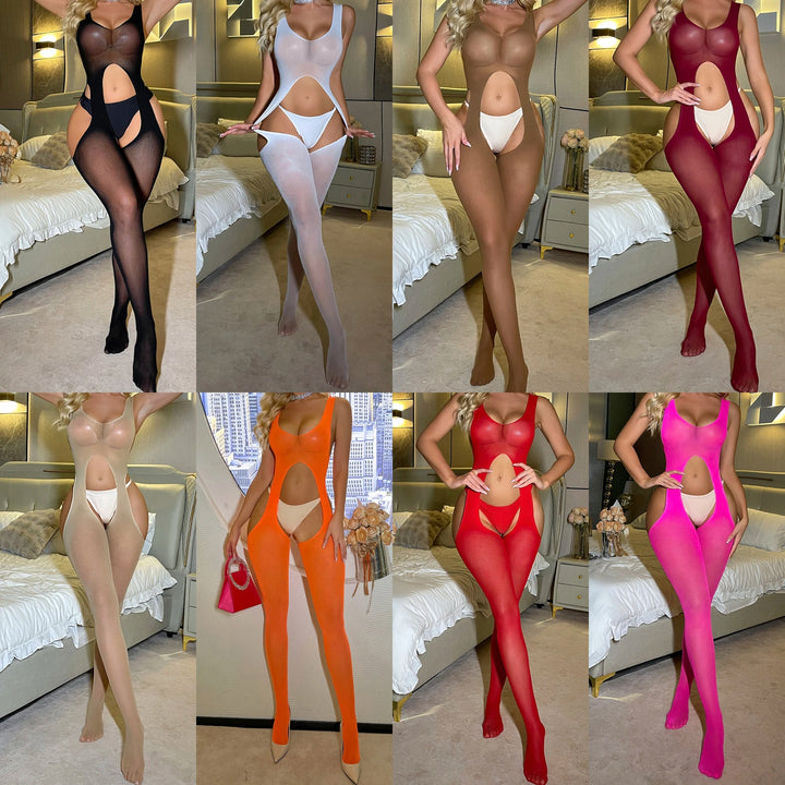 Breathable Nylon Fishnet Body Stocking Lingerie Femme Sexy Crotchless Bodysuit Underwear Open Crotch Hosiery Stockings