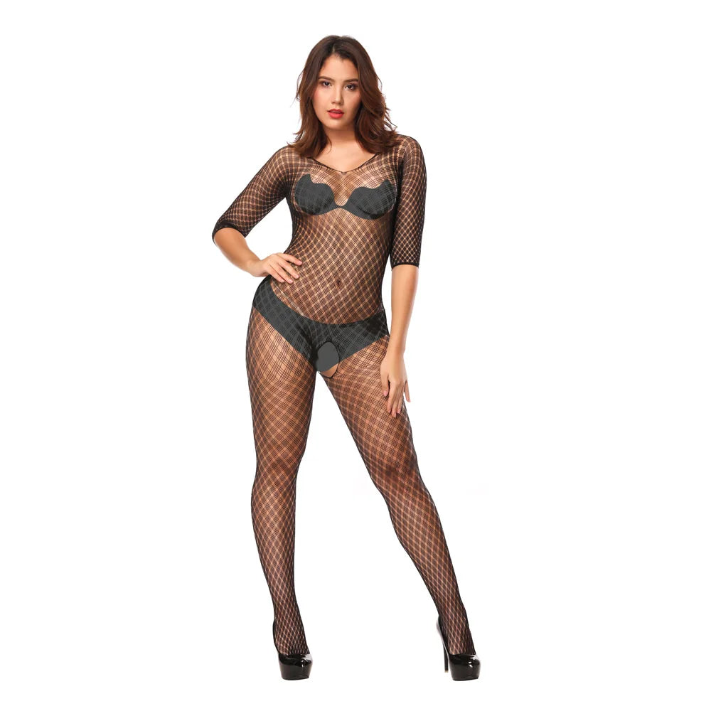 Full Body Fishnet Bodysuit Sexy Crotchless Body Stocking Lingerie One Piece Mature See Through Bodystocking Stockings
