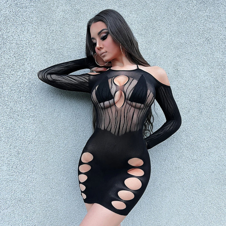 Hot Girls One Piece Fancy Baby Dolls Mujer Long Sleeve Sexy Fishnet Bodycon Dress Lingerie with Tie Women Bodystocking