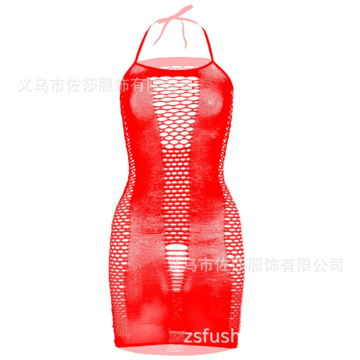 2024 New off Shoulder Red Hollow Out Strap Nylon Women Fishnet Dress Lingerie Bodystocking Plus Size for Women W319