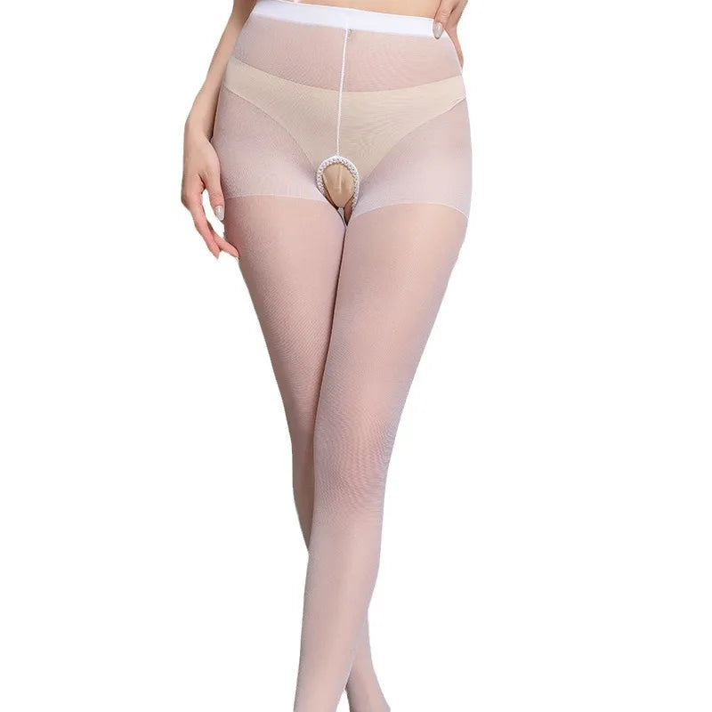 Women Sex Costumes Sleepwear Mature Sheer Sexy Erotic Silk Pink Stockings Silk Thin High Tights Crotchless Lingerie