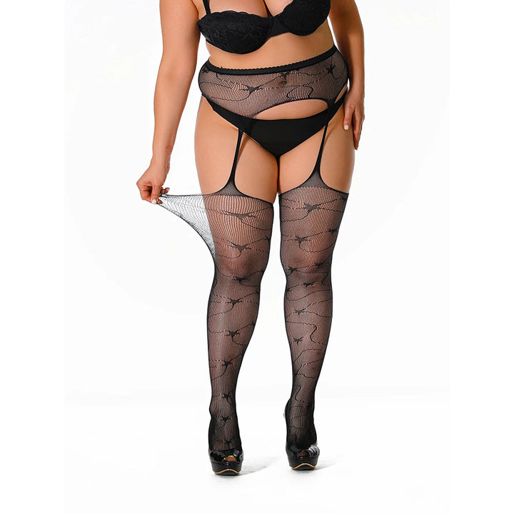 2025 Plus Size XXL High Quality Thigh High Fishnet Stockings Suspender Patterned Tights Women Fish Net Lace Top Pantyhose