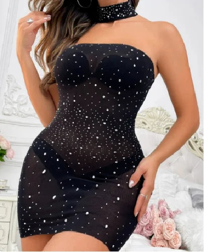 Valentine's Day Sexy Fishnet Lingerie Dress with Neckline Rhinestone Lingerie Femme Sexy Bodystocking Exotic Dancewear