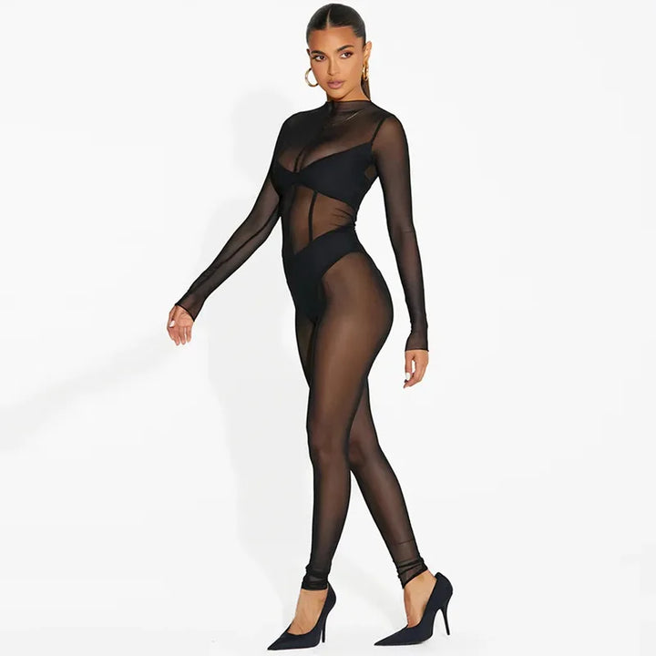 2024 New Trendy Women Bodysuits Stretch Black Mesh One Piece Playsuits Ladies Mesh Fashion Sexy See Through Rompers for Women