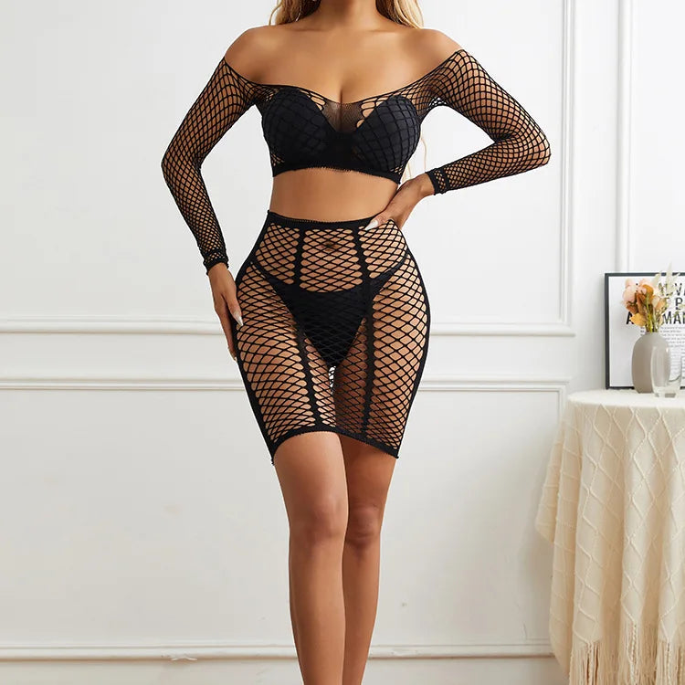 Hollow Out Sexy Erotic Lingerie Femme Sexy Body Stocking TWO Piece Set Mature Sheer Sexy Babydoll Sexy Stripper Outfit