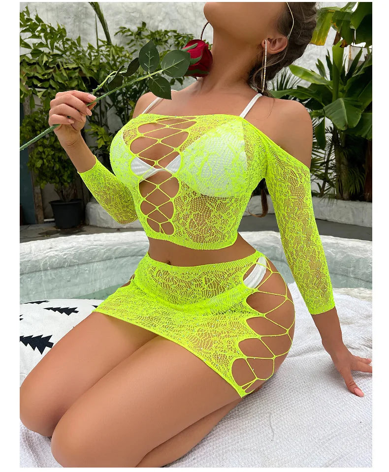 Custom Women Sexy Fishnet Lingerie 2pcs Set Ins Fashion Off Shoulder Sexy Body Doll  Floral Rhinestone Body Stocking