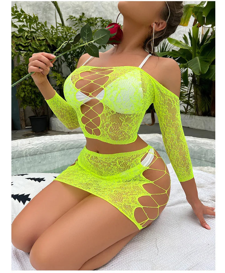 Custom Women Sexy Fishnet Lingerie 2pcs Set Ins Fashion Off Shoulder Sexy Body Doll  Floral Rhinestone Body Stocking
