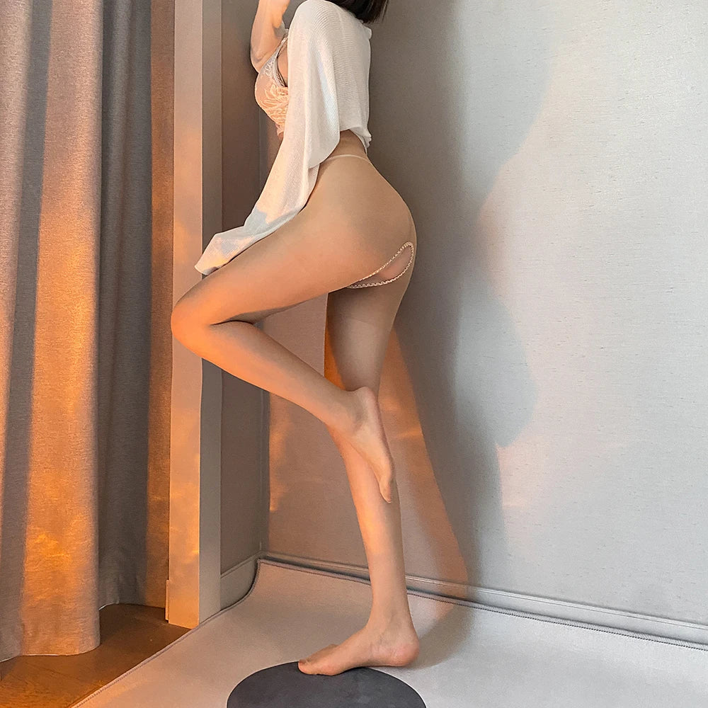 2023 Newly Ultra Thin Sheers Skin Nylon Tights Lady Pantyhose T-string Open Crotch Thigh High Leggings Top Pantyhose