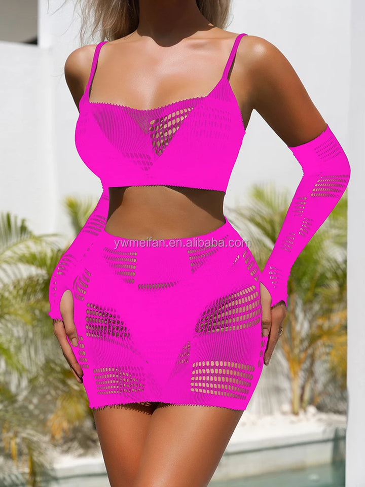 2pcs Dresses Sets Sexy Mesh Lingerie Pajama Summer Sexy Beach Sets Hollow Out Bodystocking Chemise