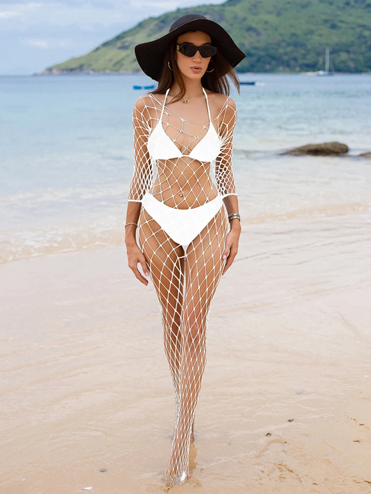 Long Sleeve One Piece Jumpsuit Backless Design Fishnet Bodystocking for Women  See Through Bodysuit Hollow Out Lingerie