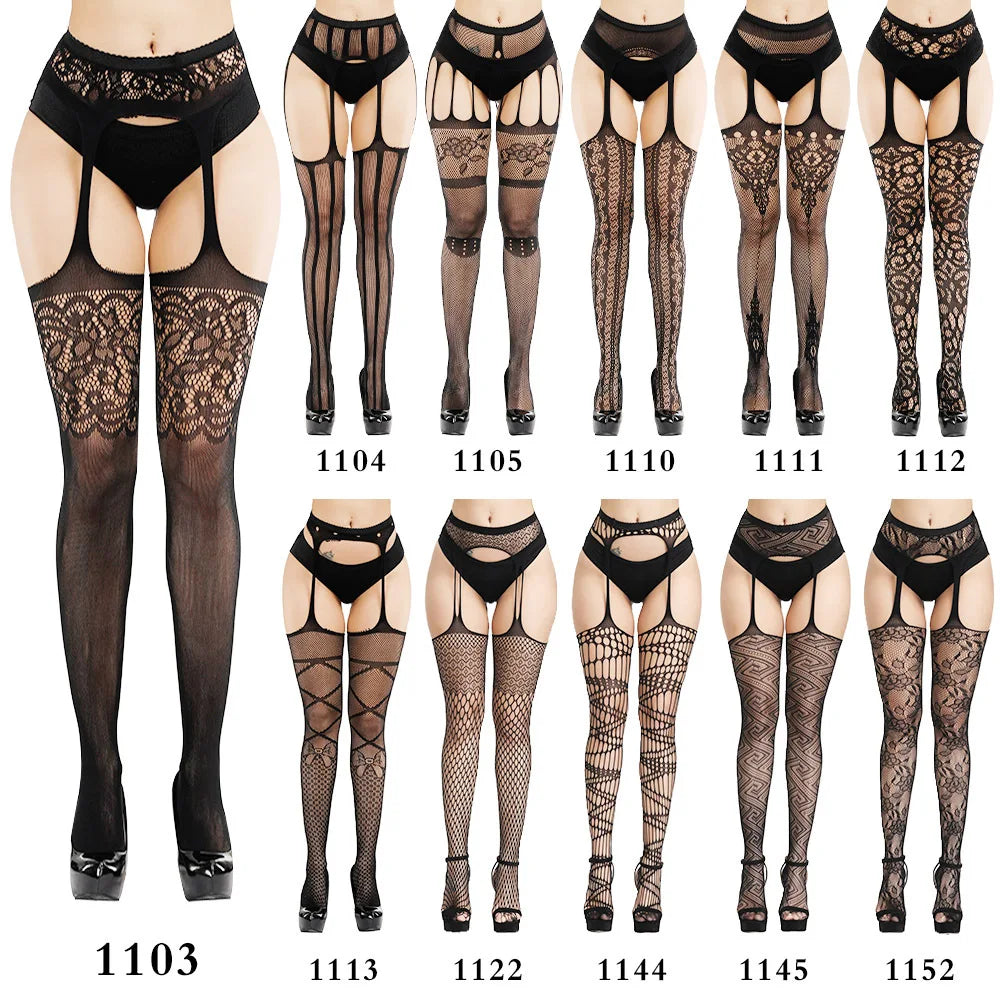2023 Suspender Pantyhose Attached Stockings Fishnet Lace Thigh High Garter Belt Stockings Women's Exotic Lingerie Woman
