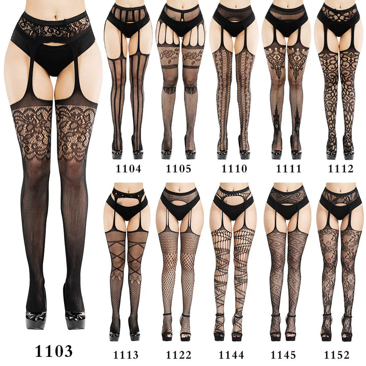 2023 Suspender Pantyhose Attached Stockings Fishnet Lace Thigh High Garter Belt Stockings Women's Exotic Lingerie Woman