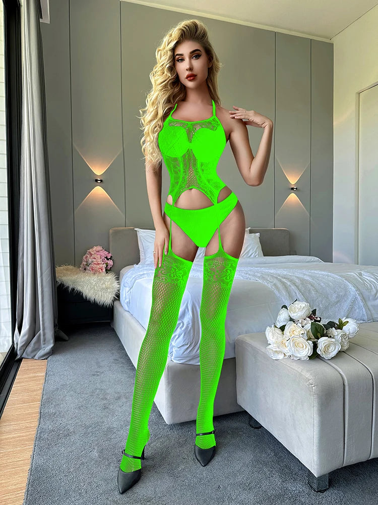 Women Hosiery Mesh Bodysuit Lingerie Femme Sexy Crotchless Garter Belt Body Stocking Sexy  Hollow Out Bodystocking