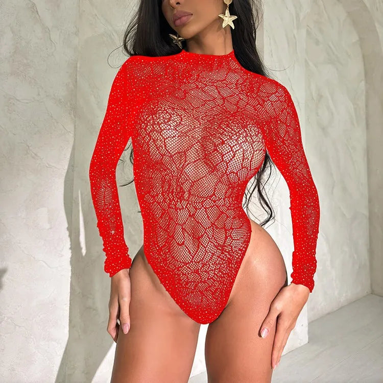 Vintage Stylish Fishnet Dress Rhinestone Bikini Hosiery Stockings Long Sleeve Floral Body Stocking Lingerie Femme Sexy