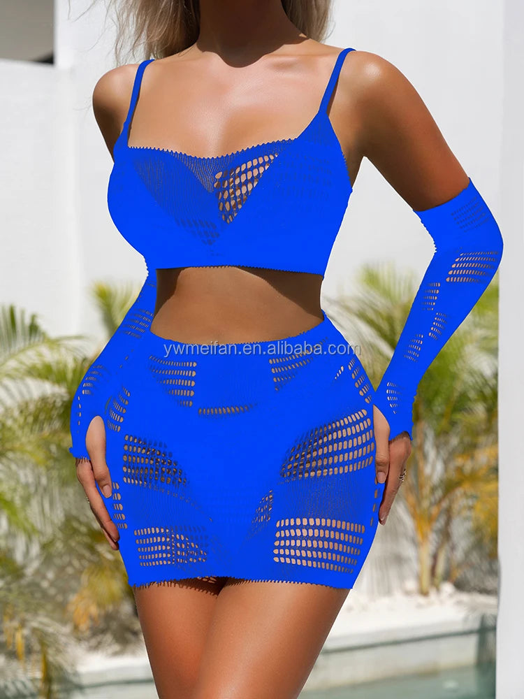 2pcs Dresses Sets Sexy Mesh Lingerie Pajama Summer Sexy Beach Sets Hollow Out Bodystocking Chemise