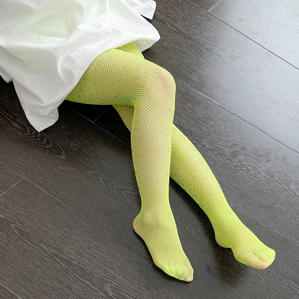 Children Rhinestone Fishnets Pantyhose White Diamond Sparkle Stockings Baby Costumes Cotton Crotch Fishnets Socks