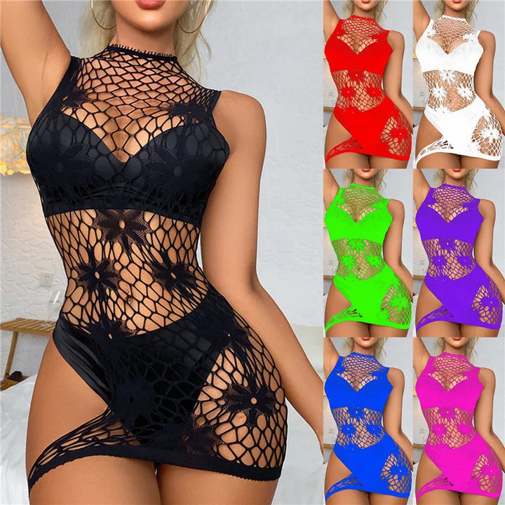 Hollow Out Women Sexy Mesh Lingerie Dress Sexy Black Jacquard Bodysuit Women Sexy Fishnet Stockings