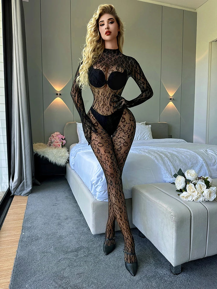 Women's Sexy Crotchless Mesh Bodystocking Hollow Out Decor Erotic Bikini Dress Sheer Lingerie Femme