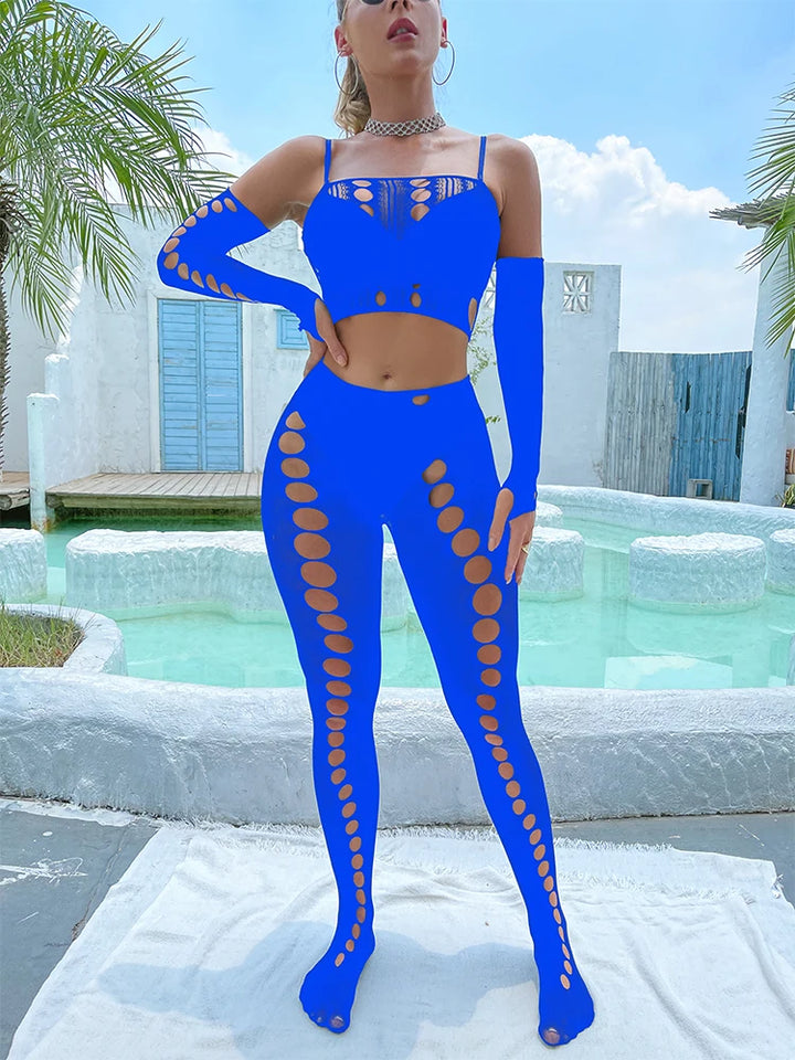 2024  Summer  Hawaiian Vacation  Beachwear Cuffs Halter Ups Thigh-high Pantyhose Set Big Hole Sheer Fishnet Body Stocking