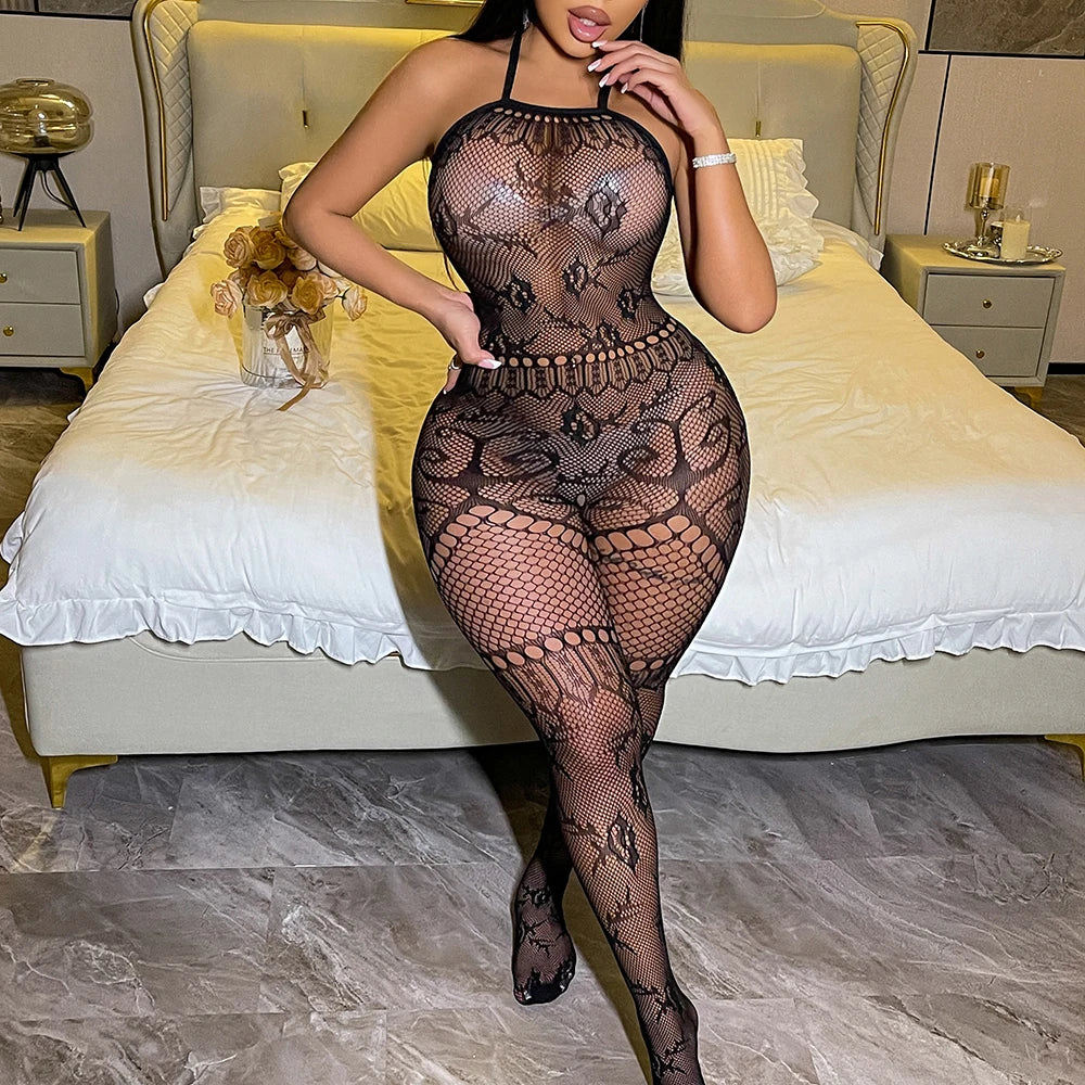Women's Clothing Plus Size Lace Nuisette Sexy Erotic Lingerie Femme Sexy Floral Mesh Bodysuits Fishnet Collant Leggings