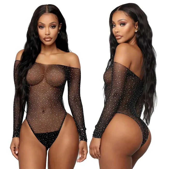 2024 Fishnet Crystal Rhinestone Body Stocking Jewelry Lingerie Long Sleeve Bodysuits Sexy Club Bodycon Dress