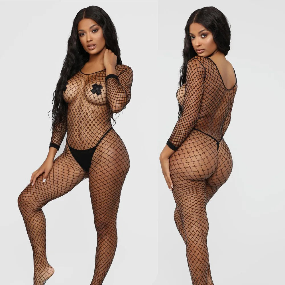 Sexy Transparent Fishnets Crotchless Body Stocking Women Sexy Mesh Bodysuit Solid Medium Holes Bodystocking Lingerie