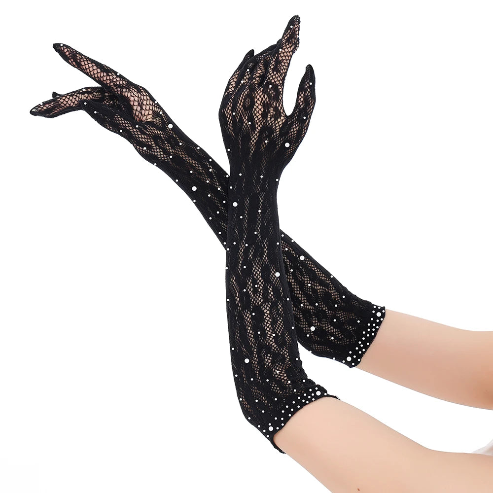 2025 Wholesales Sexy Black Fishnet Gloves with Rhinestones Great Elastic Gothic Mesh Thin Knitted Weave for Party Tzs216