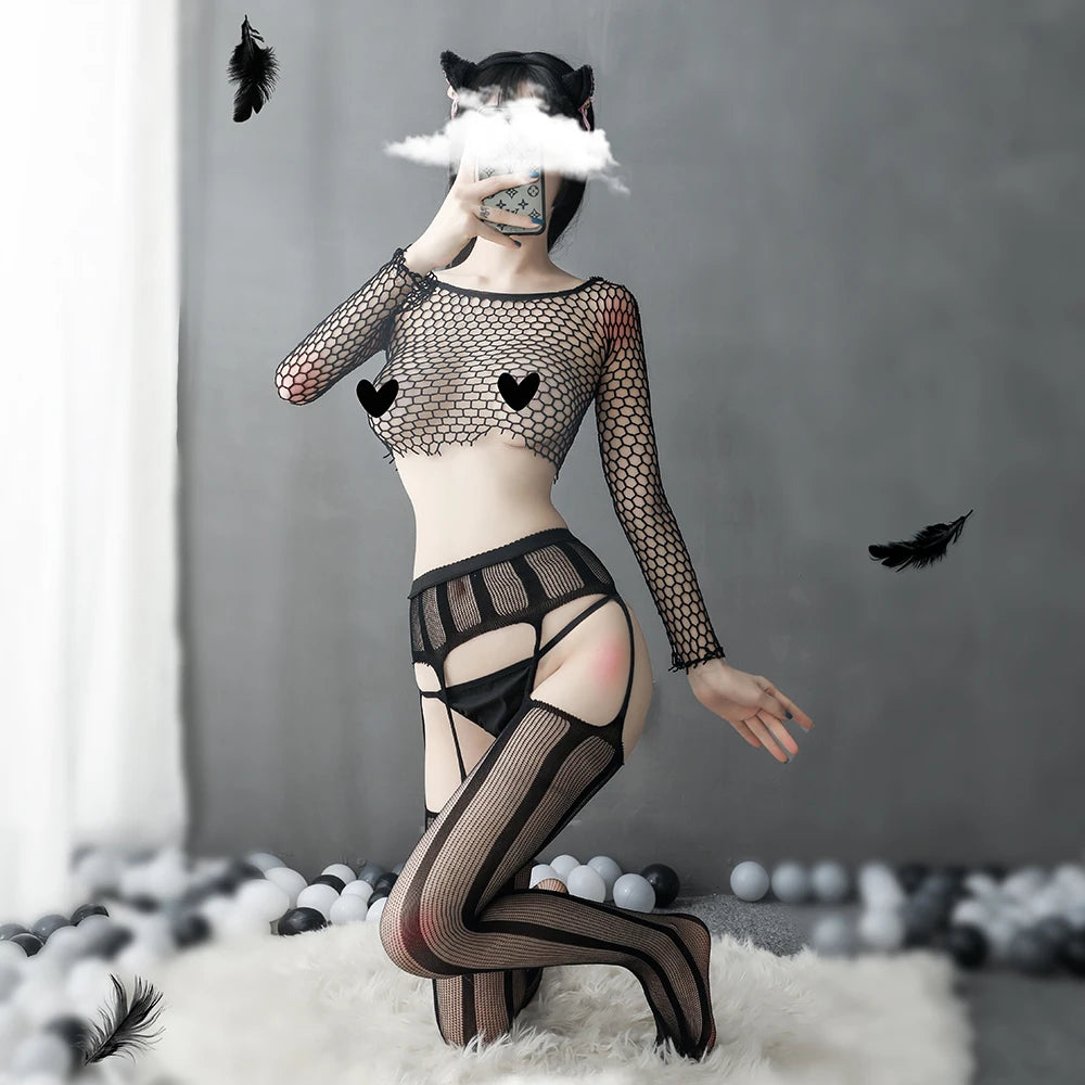 Women Sexy Lingerie Stockings Garter Belt Stripe Elastic Stockings Black Fishnet Stocking Thigh Sheer Tights Pantyhose Dropship
