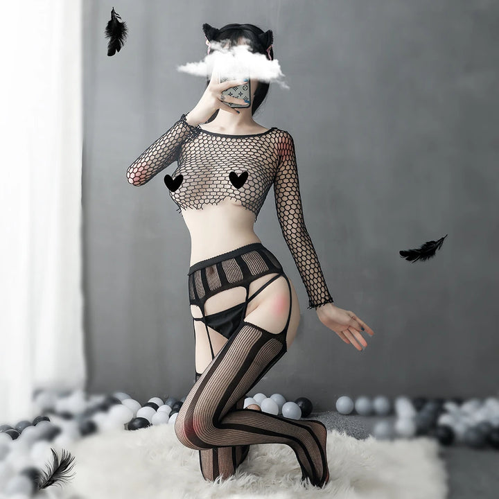 Women Sexy Lingerie Stockings Garter Belt Stripe Elastic Stockings Black Fishnet Stocking Thigh Sheer Tights Pantyhose Dropship