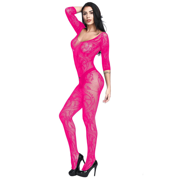Vintage Full Body Erotic Lingerie Dancewear Femme Sexy Crotchless Bodysuit Black Lace Cutout Transparent Bodystocking